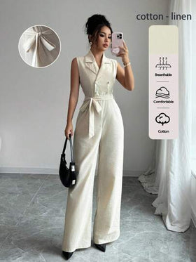 Modelyn جمبسوت نسائية عبر بزر مزخرف مزدوج الصدر مع تصميم طوق فريد