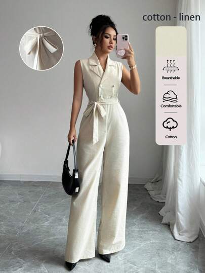 Modelyn جمبسوت نسائية عبر بزر مزخرف مزدوج الصدر مع تصميم طوق فريد