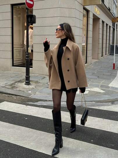 جاكيت نسائي ذو أزرار أمامية وجيوب، لون خاكي ثابت، مزود بياقة مرنة، مناسب للارتداء اليومي والشارع الأنيق، للخريف/الشتاء، المكتب، الكاجوال، والحرم الجامعي
