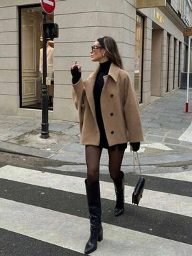 جاكيت نسائي ذو أزرار أمامية وجيوب، لون خاكي ثابت، مزود بياقة مرنة، مناسب للارتداء اليومي والشارع الأنيق، للخريف/الشتاء، المكتب، الكاجوال، والحرم الجامعي