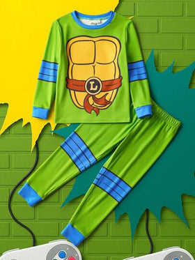 TEENAGE MUTANT NINJA TURTLES | SHEIN طقم بيجامة من قطعتين من اللباس علوي ذات الأكمام الطويلة والبنطلون بطبعة قوقعة السلحفاة الكرتونية للأولاد الصغار