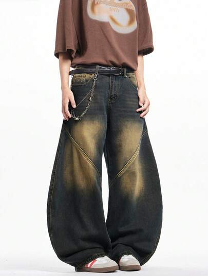 1 قطعة جينز رجالي بقصة واسعة وساق فضفاضة مع رسم هلال قمر مغسول بطريقة عتيقة، بأسلوب الملابس الشارعية الأمريكية