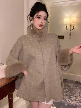 DAZY معطف وبريه من الفرو بأكمام ثلاثة أرباع عاملة بالباتش وورك، جاكيت نسائية صوفية كاجوال وأنيقة للخريف/الشتاء