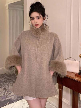 DAZY معطف وبريه من الفرو بأكمام ثلاثة أرباع عاملة بالباتش وورك، جاكيت نسائية صوفية كاجوال وأنيقة للخريف/الشتاء
