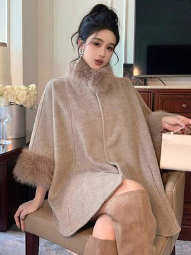 DAZY معطف وبريه من الفرو بأكمام ثلاثة أرباع عاملة بالباتش وورك، جاكيت نسائية صوفية كاجوال وأنيقة للخريف/الشتاء