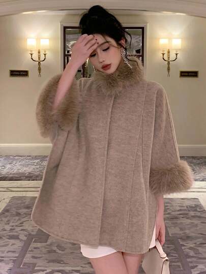 DAZY معطف وبريه من الفرو بأكمام ثلاثة أرباع عاملة بالباتش وورك، جاكيت نسائية صوفية كاجوال وأنيقة للخريف/الشتاء