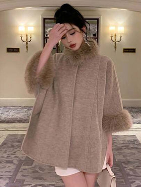 DAZY معطف وبريه من الفرو بأكمام ثلاثة أرباع عاملة بالباتش وورك، جاكيت نسائية صوفية كاجوال وأنيقة للخريف/الشتاء