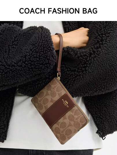 Coach حقيبة معصم بسحاب من الكورنيه للنساء، حقيبة يد صغيرة مع معلق في قماشة توقيع مع شريط، 854 IMXHE