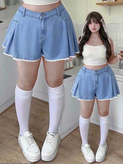 SHEIN MOD شورت جينز أزرق كبير الحجم مع خياطة دانتيل رقيقة، تنورة ذات خصر عالي، بنطلون صيفي على الطراز الكوري، ملابس عودة إلى المدرسة بطابع جمالي