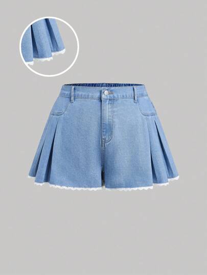SHEIN MOD شورت جينز أزرق كبير الحجم مع خياطة دانتيل رقيقة، تنورة ذات خصر عالي، بنطلون صيفي على الطراز الكوري، ملابس عودة إلى المدرسة بطابع جمالي