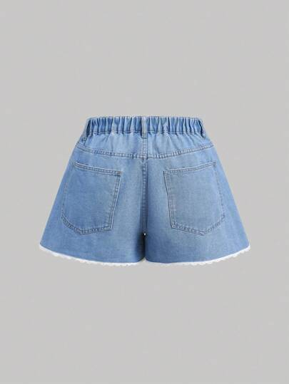 SHEIN MOD شورت جينز أزرق كبير الحجم مع خياطة دانتيل رقيقة، تنورة ذات خصر عالي، بنطلون صيفي على الطراز الكوري، ملابس عودة إلى المدرسة بطابع جمالي