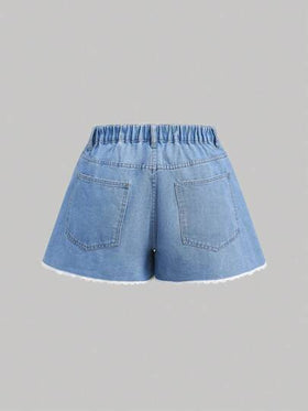 SHEIN MOD شورت جينز أزرق كبير الحجم مع خياطة دانتيل رقيقة، تنورة ذات خصر عالي، بنطلون صيفي على الطراز الكوري، ملابس عودة إلى المدرسة بطابع جمالي