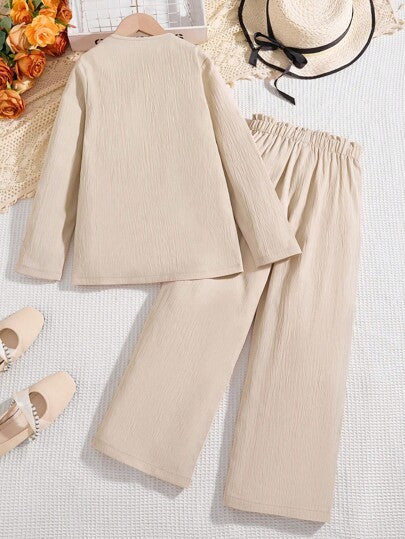 SHEIN طقم بنطلون طويل كاجوال للبنات بأكمام طويلة و بنطال كاكاو للربيع/الخريف 2 قطعة