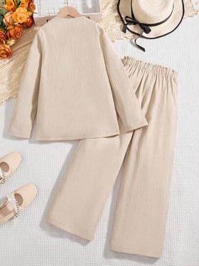 SHEIN طقم بنطلون طويل كاجوال للبنات بأكمام طويلة و بنطال كاكاو للربيع/الخريف 2 قطعة