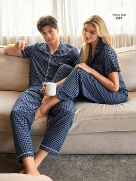 CoupledUp طقم بيجاما رجالي بطباعة شعر مستعار بنمط مربعات متباين