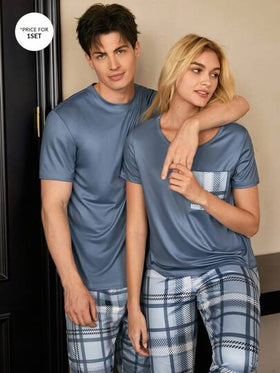 SHEIN طقم بيجاما رجالي كاجوال بأكمام قصيرة وبنطلون طويل بطباعة مربعات