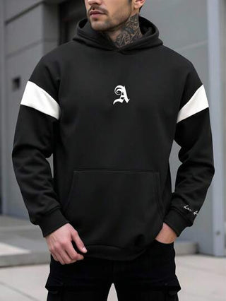 Manfinity Homme بلوزة رياضية بغطاء رأس بأكمام طويلة وسحاب للرجال، بطبعة حرفية، فضفاضة وكاجوال، باللون الأسود