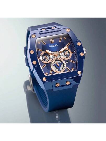 Guess ساعة يد كوارتز متعددة الوظائف للرجال GW0203G7، قرص أزرق مجوف مع سوار مرن، ساعة كاجوال مناسبة للمناسبات اليومية والأعمال، هدية عيد ميلاد ممتازة للأب أو الحبيب