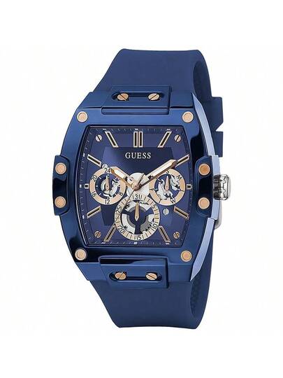 Guess ساعة يد كوارتز متعددة الوظائف للرجال GW0203G7، قرص أزرق مجوف مع سوار مرن، ساعة كاجوال مناسبة للمناسبات اليومية والأعمال، هدية عيد ميلاد ممتازة للأب أو الحبيب