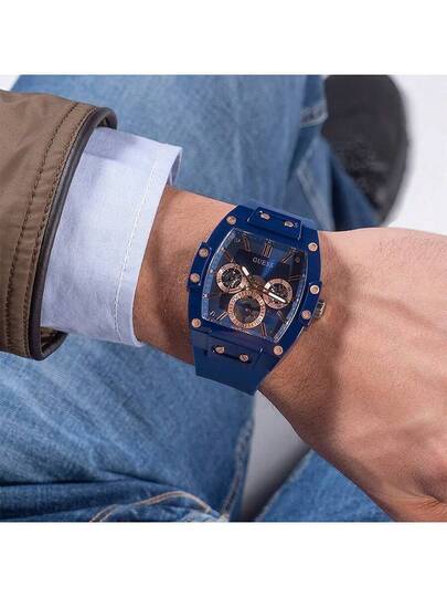 Guess ساعة يد كوارتز متعددة الوظائف للرجال GW0203G7، قرص أزرق مجوف مع سوار مرن، ساعة كاجوال مناسبة للمناسبات اليومية والأعمال، هدية عيد ميلاد ممتازة للأب أو الحبيب