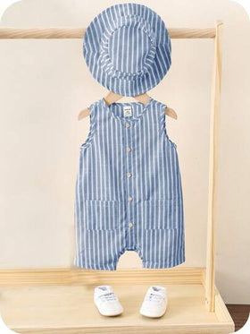 SHEIN مجموعتان من رومبير الرضيع الولد/البنت الصيفية المخططة الملونة بدون أكمام وشورت مع قبعة دلو، مجموعة ملابس عصرية متعددة الاستخدامات للسفر والعطلات