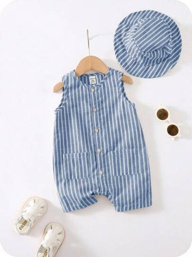 SHEIN مجموعتان من رومبير الرضيع الولد/البنت الصيفية المخططة الملونة بدون أكمام وشورت مع قبعة دلو، مجموعة ملابس عصرية متعددة الاستخدامات للسفر والعطلات