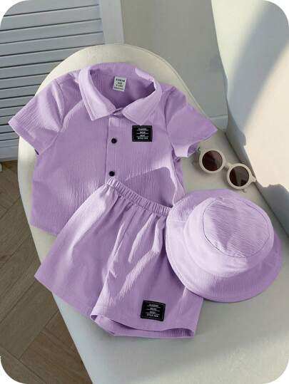 SHEIN 3 قطعة/مجموعة بلوزة قصيرة الأكمام كارديجان مطرزة، وشورت خصر مطاطي، وقبعة للأولاد والبنات الرضع