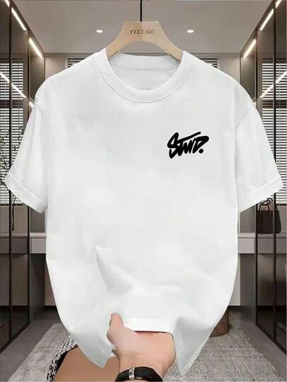 قميص كاجوال صيفي للرجال بأكمام قصيرة - أبيض، مطبوع، رقبة دائرية، قماش بولي إستر ناعم، خفيف الوزن ومنفذ للهواء، مناسب للارتداء اليومي