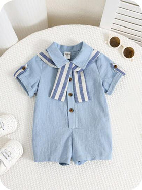 SHEIN قميص كاجوال أطفال برقبة قصيرة ذو لون سادة، رومبير مكونة من كيب مخطط وشورت، مناسبة للارتداء في فصلي الربيع والصيف، للاستخدام في المنزل والخروج