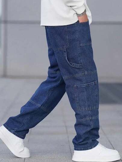 بنطلون جينز كاجوال للرجال بجيب وبلون أحادي للارتداء اليومي