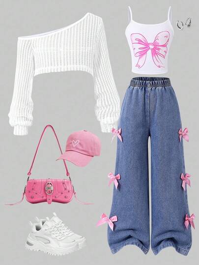 SHEIN ChillGRL 3 قطع من لباس علوي البنات مع تصميم قاطع وسروال واسع الساق، مناسب للخروج والسفر في الخريف المبكر
