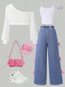 SHEIN ChillGRL 3 قطع من لباس علوي البنات مع تصميم قاطع وسروال واسع الساق، مناسب للخروج والسفر في الخريف المبكر