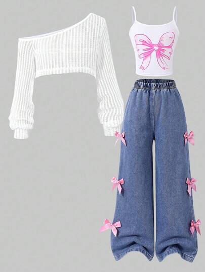 SHEIN ChillGRL 3 قطع من لباس علوي البنات مع تصميم قاطع وسروال واسع الساق، مناسب للخروج والسفر في الخريف المبكر