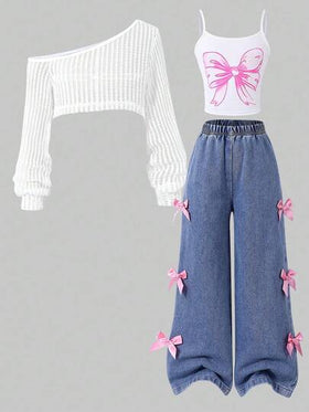 SHEIN ChillGRL 3 قطع من لباس علوي البنات مع تصميم قاطع وسروال واسع الساق، مناسب للخروج والسفر في الخريف المبكر