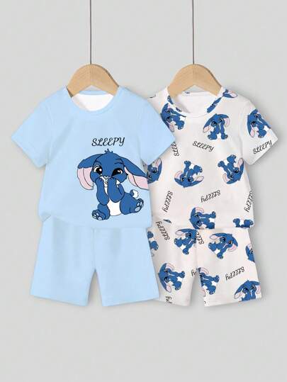 طقم بيجاما من 4 قطع للأطفال الصبية، شورت قصير الأكمام محبوك بطبعة أرنب لطيف، مناسب للارتداء اليومي، صيفي
