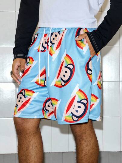 ROMWE MEN Paul Frank X ROMWE شورت رجالي صيفي كاجوال بشارع نمط وطباعة كرتونية، خصر بسحاب، جيوب مائلة، فضفاض