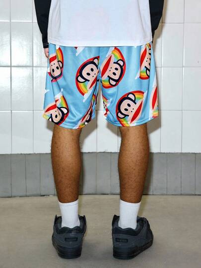 ROMWE MEN Paul Frank X ROMWE شورت رجالي صيفي كاجوال بشارع نمط وطباعة كرتونية، خصر بسحاب، جيوب مائلة، فضفاض