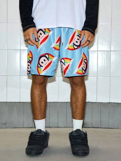 ROMWE MEN Paul Frank X ROMWE شورت رجالي صيفي كاجوال بشارع نمط وطباعة كرتونية، خصر بسحاب، جيوب مائلة، فضفاض