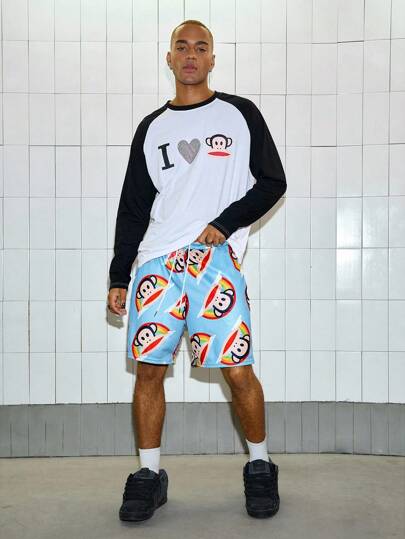 ROMWE MEN Paul Frank X ROMWE شورت رجالي صيفي كاجوال بشارع نمط وطباعة كرتونية، خصر بسحاب، جيوب مائلة، فضفاض