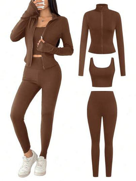 SHEIN EZwear بدلة رياضية للنساء تتكون من جاكيت طويل الأكمام مُحبوك باللون البني، جاكيت ضيقة وبنطلون ضيق