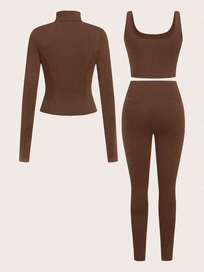 SHEIN EZwear بدلة رياضية للنساء تتكون من جاكيت طويل الأكمام مُحبوك باللون البني، جاكيت ضيقة وبنطلون ضيق