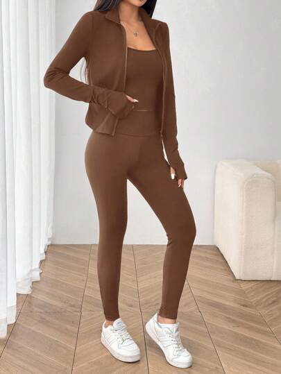 SHEIN EZwear بدلة رياضية للنساء تتكون من جاكيت طويل الأكمام مُحبوك باللون البني، جاكيت ضيقة وبنطلون ضيق