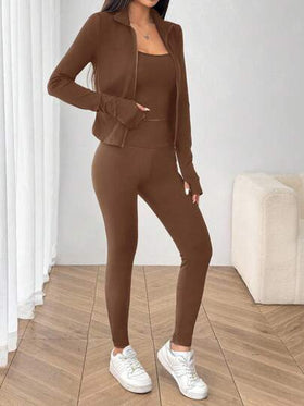 SHEIN EZwear بدلة رياضية للنساء تتكون من جاكيت طويل الأكمام مُحبوك باللون البني، جاكيت ضيقة وبنطلون ضيق