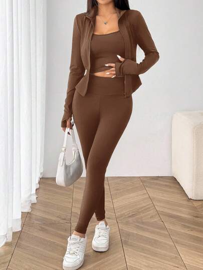 SHEIN EZwear بدلة رياضية للنساء تتكون من جاكيت طويل الأكمام مُحبوك باللون البني، جاكيت ضيقة وبنطلون ضيق