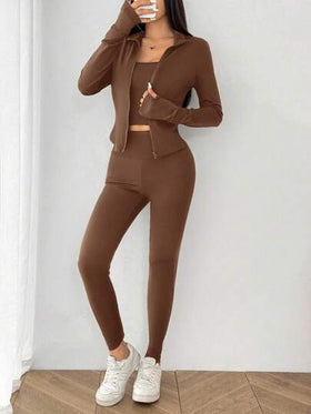 SHEIN EZwear بدلة رياضية للنساء تتكون من جاكيت طويل الأكمام مُحبوك باللون البني، جاكيت ضيقة وبنطلون ضيق