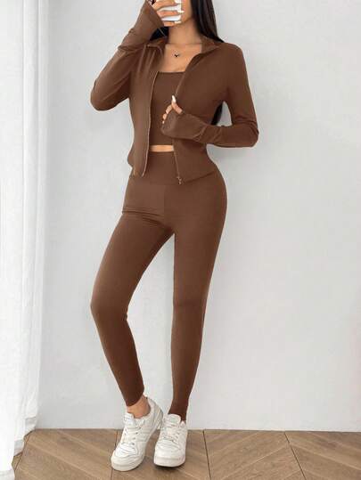SHEIN EZwear بدلة رياضية للنساء تتكون من جاكيت طويل الأكمام مُحبوك باللون البني، جاكيت ضيقة وبنطلون ضيق