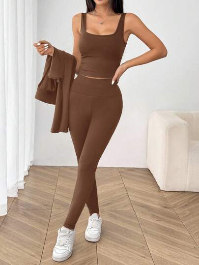 SHEIN EZwear بدلة رياضية للنساء تتكون من جاكيت طويل الأكمام مُحبوك باللون البني، جاكيت ضيقة وبنطلون ضيق