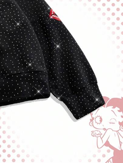 ROMWE MEN Betty Boop | ROMWE هودي بأكمام طويلة مزين بالراين ستون والرسومات الحرفية للرجال