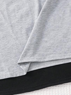 SHEIN طقم بيجاما للأولاد في الربيع والصيف مكون من 4 قطع - تي شيرت رمادي وأسود بسيط بلون سادة، مع شيك رقيق وفضفاض - طقم بناتي مريح ومكلف متعدد القطع