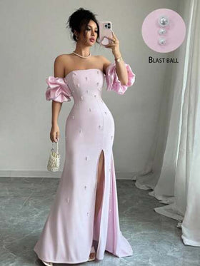 Rafferiza فستان نسائي بأكمام منتفخة مزين بخرز ذو تصميم فرنسي